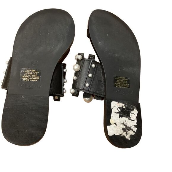 Torgeis Black Leather Flat Toe Ring Pearl Sandals 6.5 - Picture 9 of 11